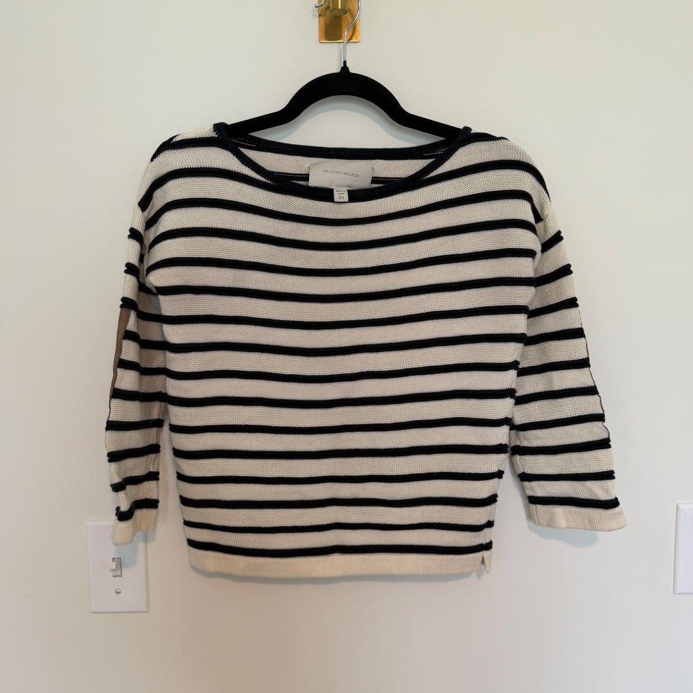 Brochu Walker Striped Knit Sweater Navy White Elbow Patches Boat Neck XS Womens‎